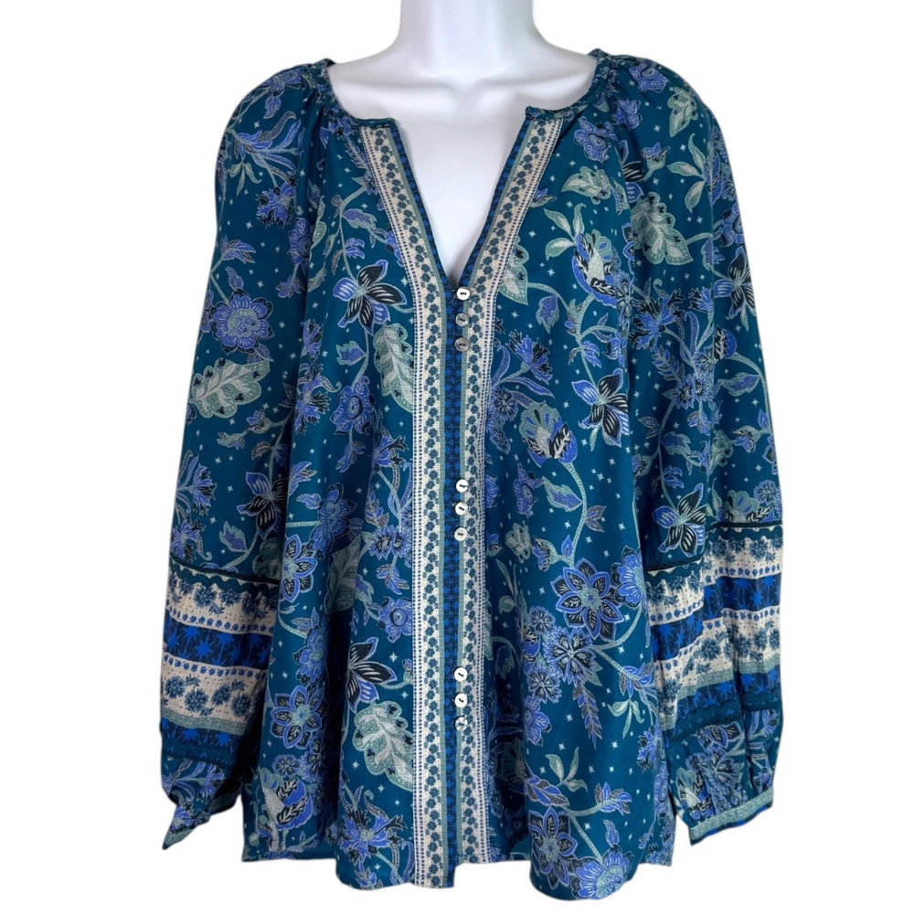 Sundance Womens Boho Floral Peasant Top Sz M Blue Cotton Silk Cottage Artisan